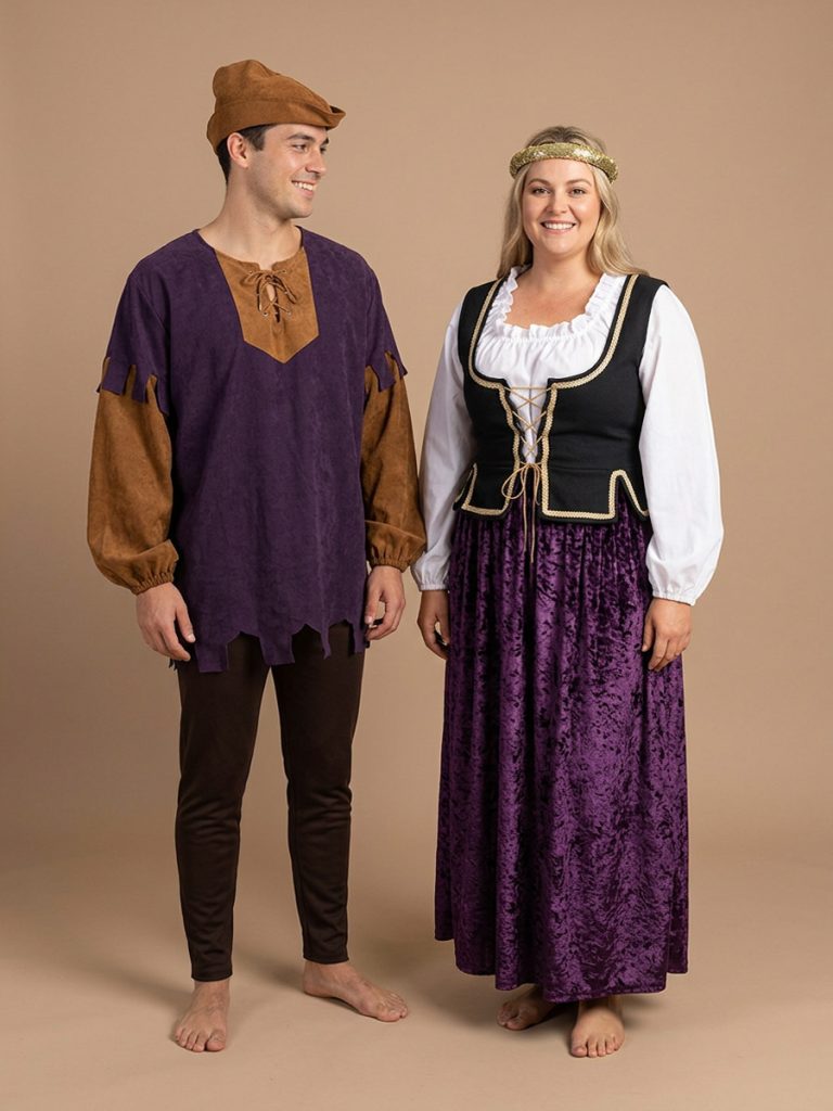 Male and female medieval costumes including plus size ladies outfit and male peasant