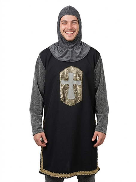 Image is a male wearing a black and silver medieval knight costume