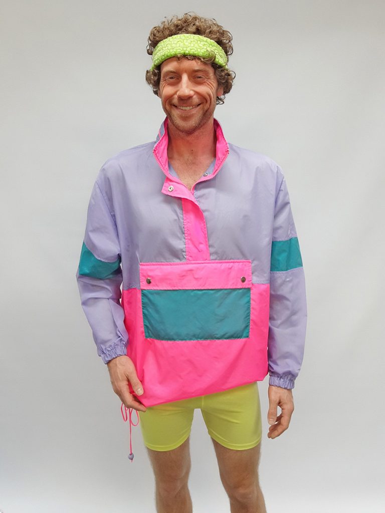 Men's 1980s workout outfit, including multi coloured jacket, acid yellow tight shorts and headband