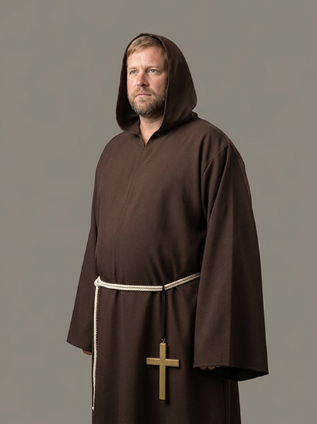 Medieval Monk or Little John from Robin Hood costume includes brown hooded robe, rope belt & cross