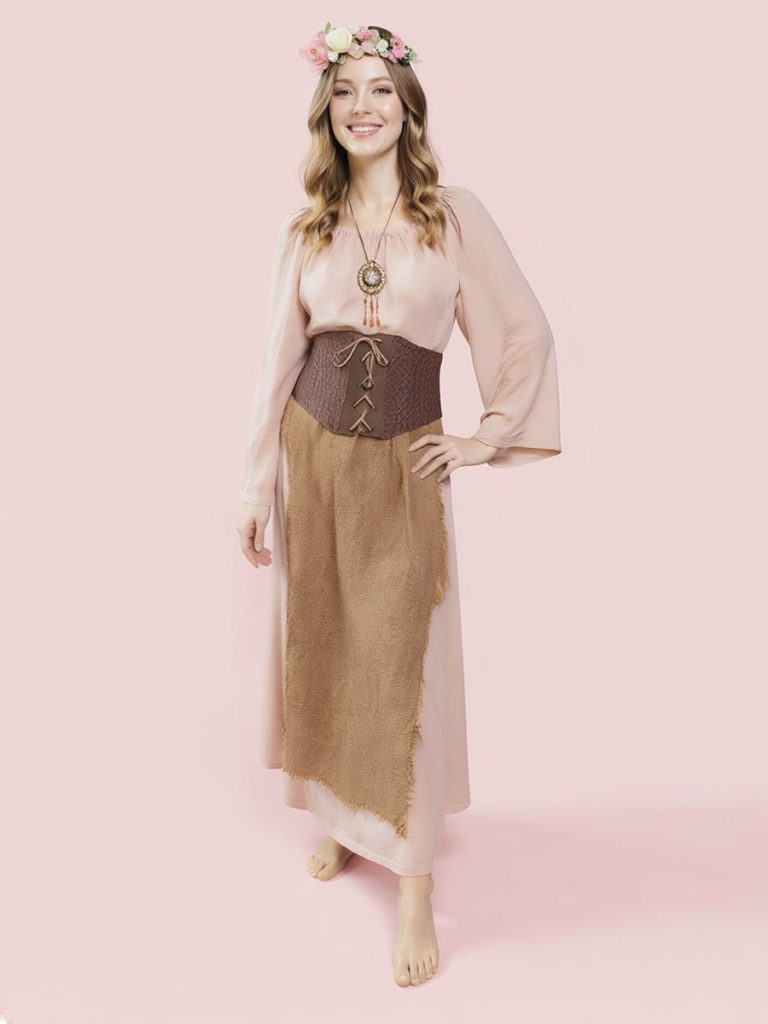 Female Hobbit costume in pink with flower garland head dress, lace up corset belt & brown apron.