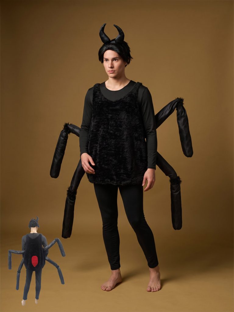 Image shows a mannequin wearing a spider costume, available to hire from Acting the Part in Carlingford Sydney