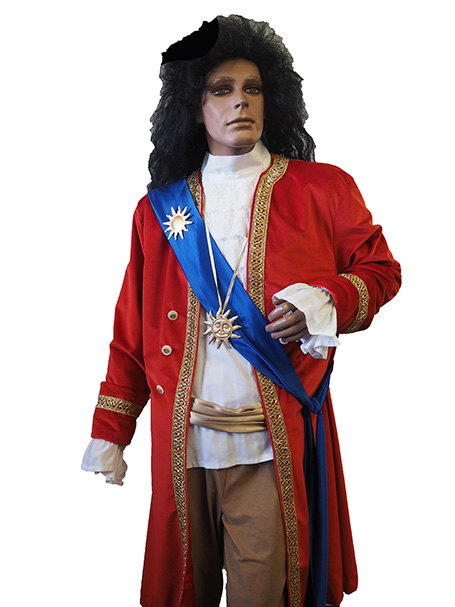 A mannequin dressed in an ornate red historical costume with a blue sash and decorative details. Perfect for Louis XVIII the Sun King