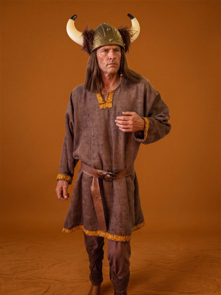 Male Viking costume in brown tones including a helmet