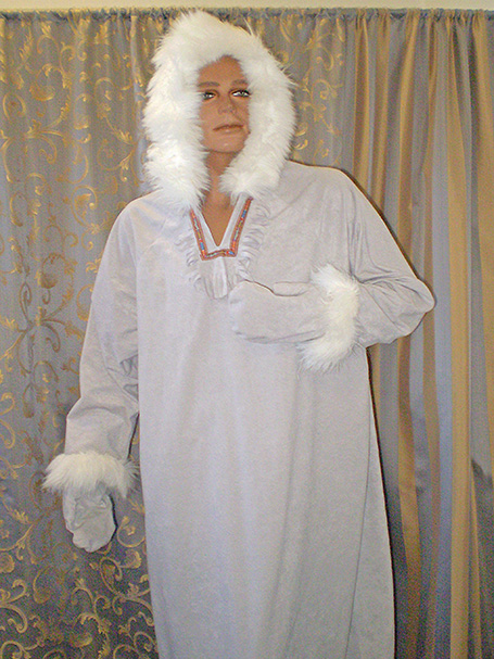 Mannequin is dressed in a grey fur trimmed outfit styled like an Eskimo. The image links to a page showing Winter Wonderland costume
