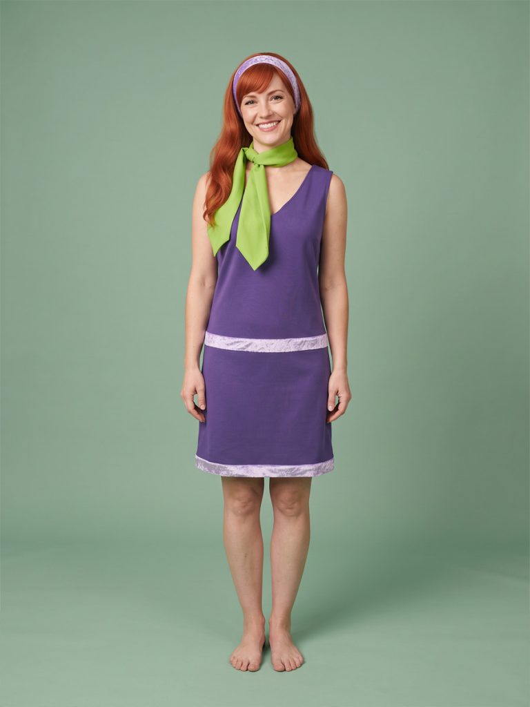 Image is a mannequin dressed in a Daphne style costume from Scooby Doo, available to hire from Acting the Part costumes in Carlingford, Sydney.