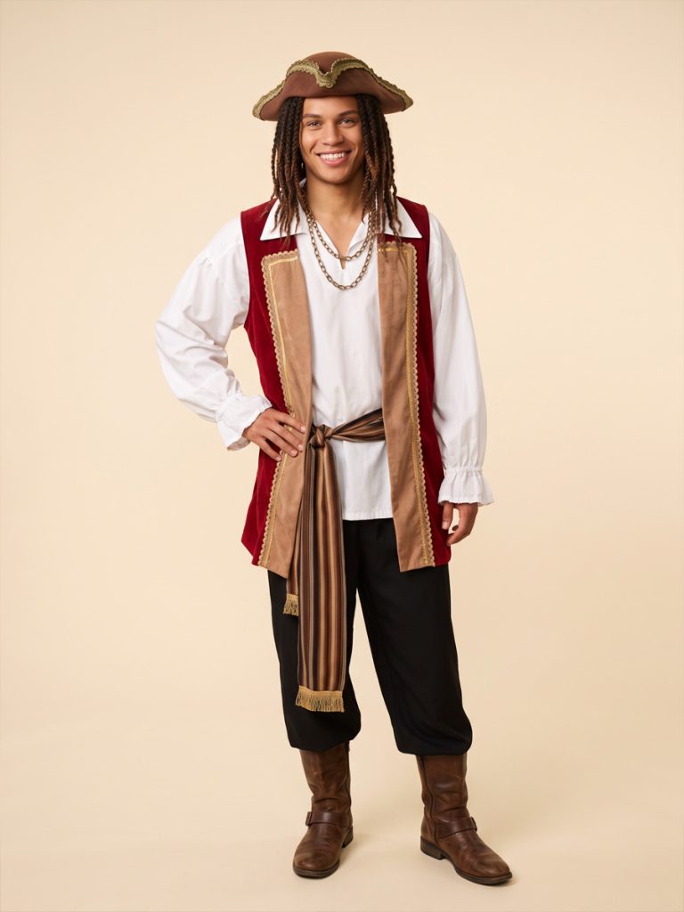 Image is a model dressed as a Pirate in a white shirt, long red vest with gold trim, pirate hat & black pants