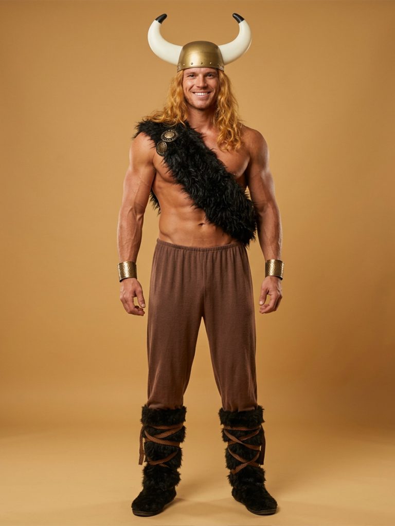 Viking costume with fur drape chest piece, leg wraps, helmet and brown pants